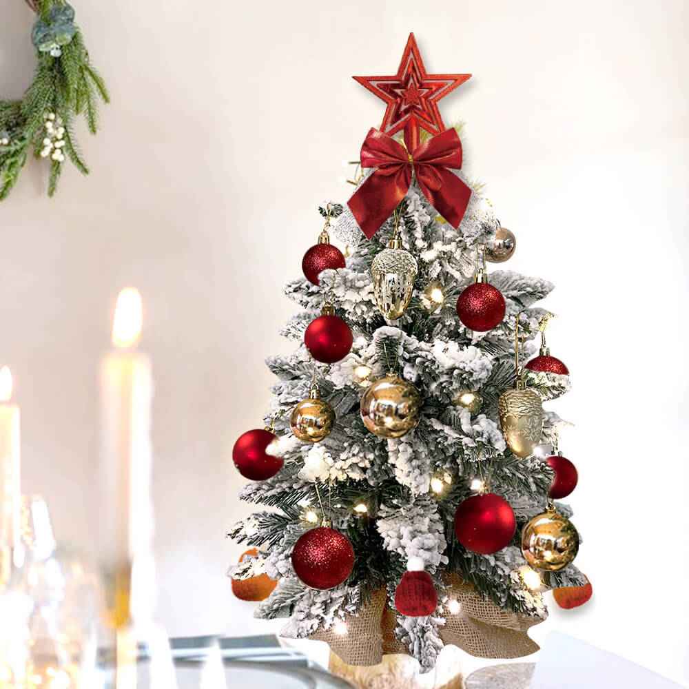 2ft Mini Christmas Tree with Lights - Flocked Snow Tabletop Decoration with Ornaments - DropOnline.co
