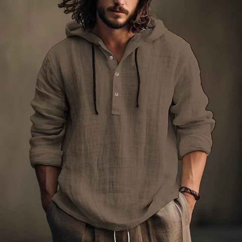 Men's Cotton Linen Hooded Shirt - Long Sleeve Casual Daily Sweater