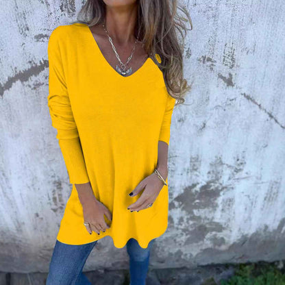 Solid Color V-neck Knitted Sweater Loose Top Women's Clothing