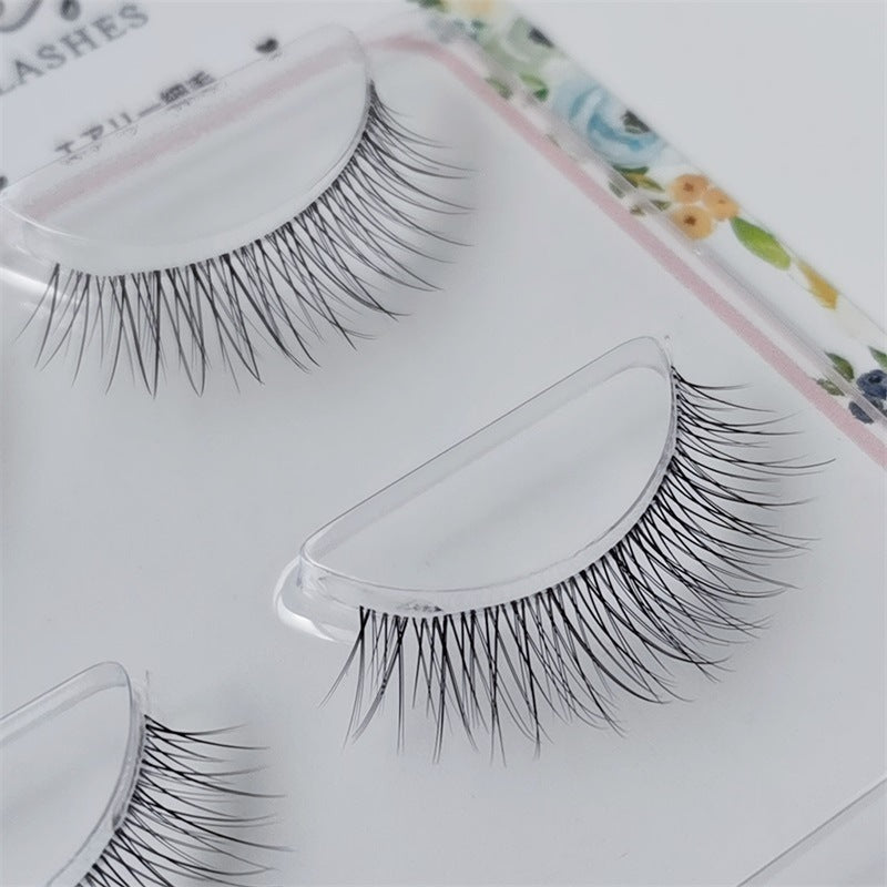 Natural False Eyelashes - Fine Stem Transparent Band 3 Pairs 10mm Fiber Lashes