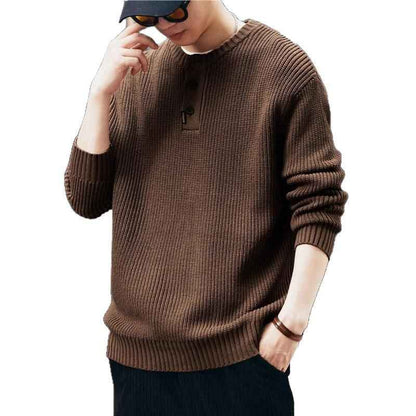 Vintage-style, Relaxed-fit, Thickened Vertical-striped Workwear Pullover Sweater