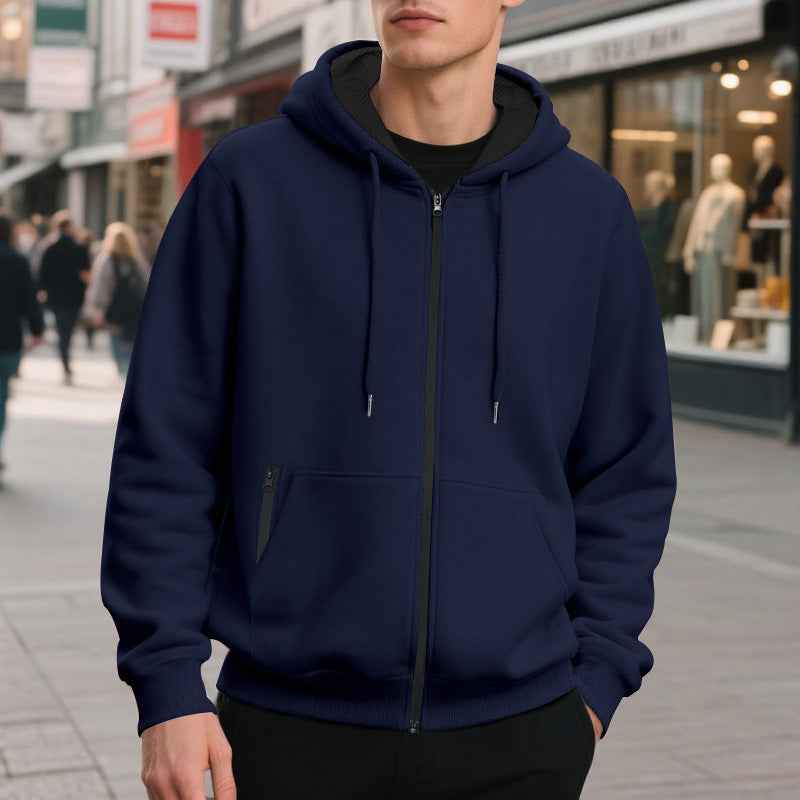 Men's Fleece-lined Loose Drawstring Hooded Zip-up Sweater