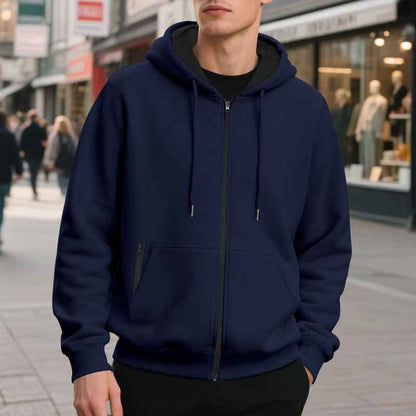 Men's Fleece-lined Loose Drawstring Hooded Zip-up Sweater