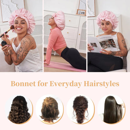 Silk Bonnet For Sleeping Women, Satin Hair Bonnet For Sleeping For Wavy Curly Natural Hair Women Men - Pink - DropOnline.co