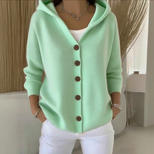 Buttoned Knitted Hooded Sweater - Cozy Women's Cardigan with Hood