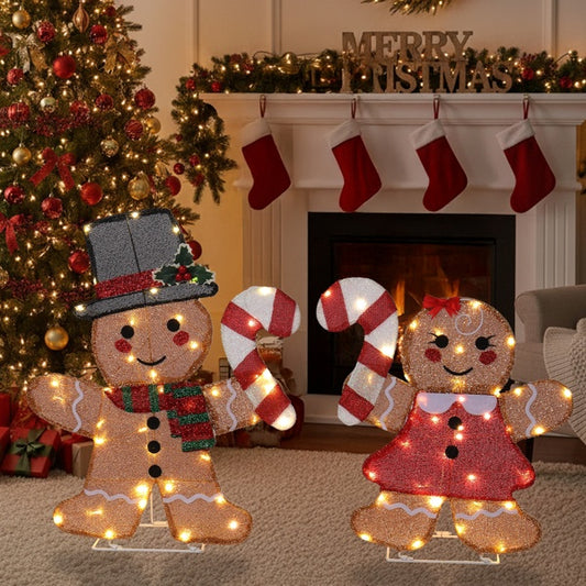 Set of 2 Lighted Gingerbread Man & Candy Cane - 80 LED Christmas Decorations