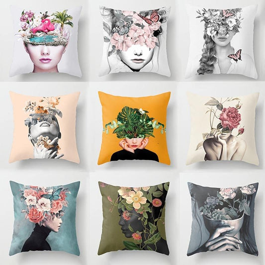 Abstract Print Flower Lady Cushion Cover - Artistic Pillow Cases for Modern Home Decor
