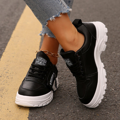 Lace-up Sports Shoes With Side-Zipper Design Fashion Thick-soled Round-toe Casual Shoes For Women Sneakers - DropOnline.co