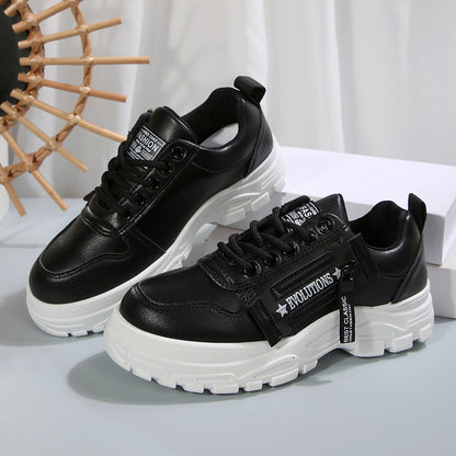 Lace-up Sports Shoes With Side-Zipper Design Fashion Thick-soled Round-toe Casual Shoes For Women Sneakers - DropOnline.co