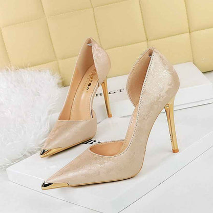 Satin Metal Pointed High Heel Thin Heel Shallow Single Shoes