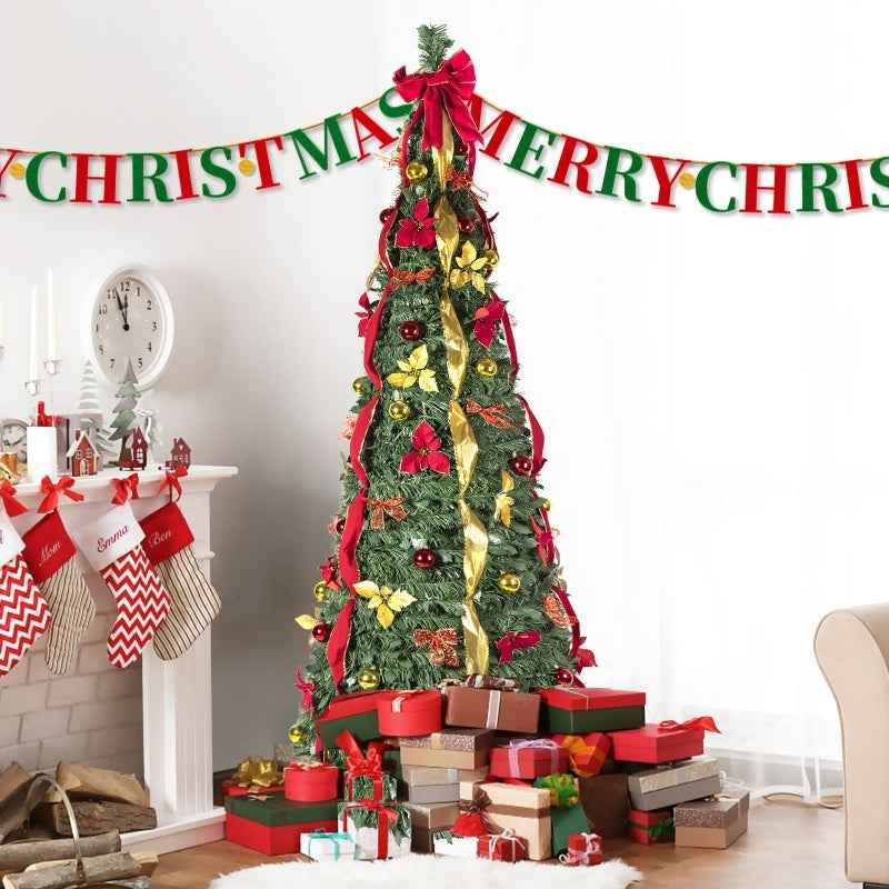 Prelit Full Pop Up Christmas Tree with LED Lights & Ornaments - Easy Assembly