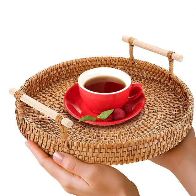 Rattan Serving Tray - 8.7 Inch Round Woven Basket with Handles