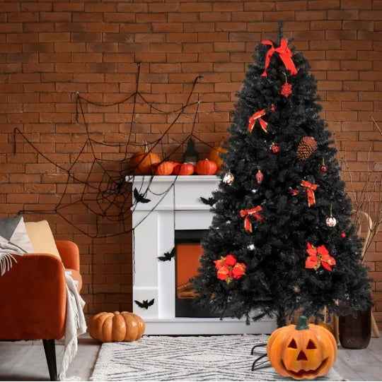 7ft Black Artificial Christmas Tree - 1500 Branch PVC with Iron Bracket Stand - DropOnline.co