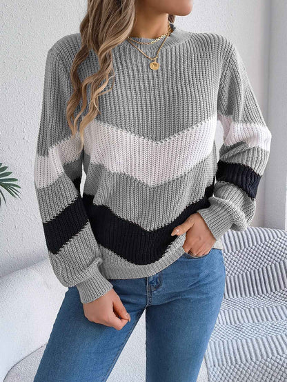 Women Casual Color Block Lantern Sleeve Pullover Sweater