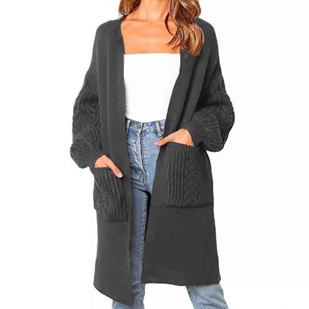 Knitted Cable Lantern Sleeve Coat Sweater