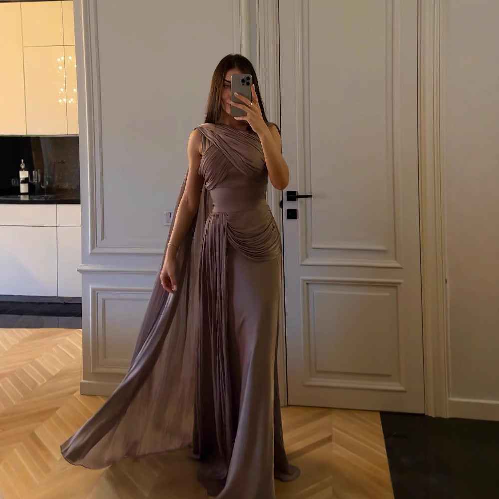 Pleated Ribbon Satin Evening Dress