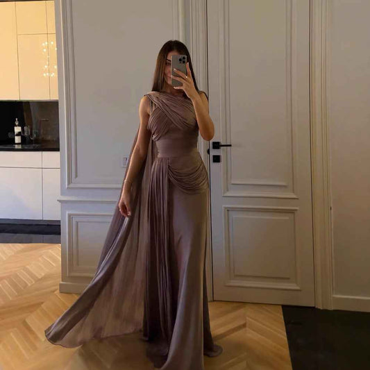 Pleated Ribbon Satin Evening Dress