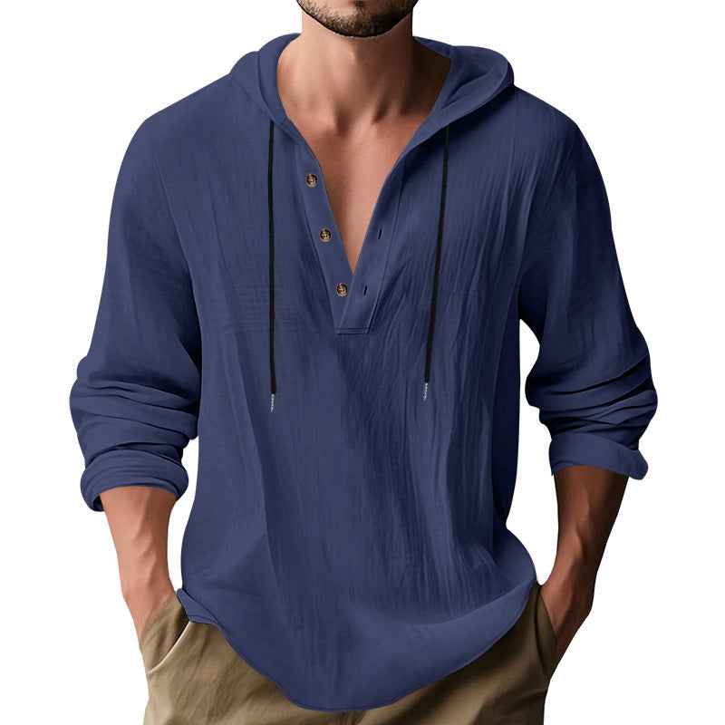Men's Cotton Linen Hooded Shirt - Long Sleeve Casual Daily Sweater