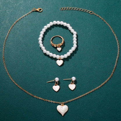Girls Jewelry Cute All-match Oil Drop Heart Necklace Earrings Ring Bracelet Four-piece Set - DropOnline.co