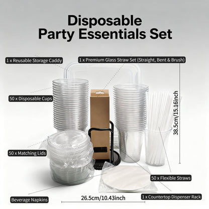 50Pack 16oz Disposable Cups COMPLETE KIT With Lids  Straws Includes 15Quart Storage Bin, Glass Straws  Dispenser Rack  For Wedding, Catering, Party  Coffee Events - DropOnline.co