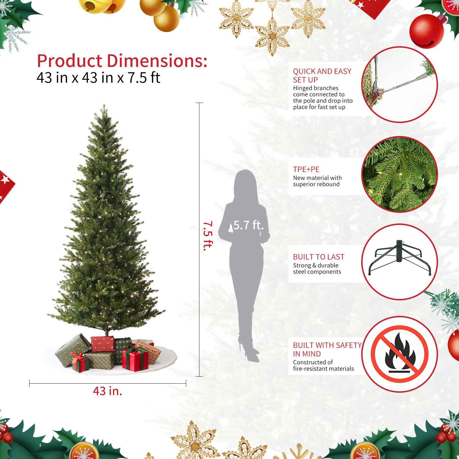 Aspen Slim Fir 7.5ft Christmas Tree Pre-Lit Artificial With 4,570 Branch Tips & 1,555 Low-Voltage Warm LED Lights, Foldable Stand & Realistic Flame-Resistant Branches