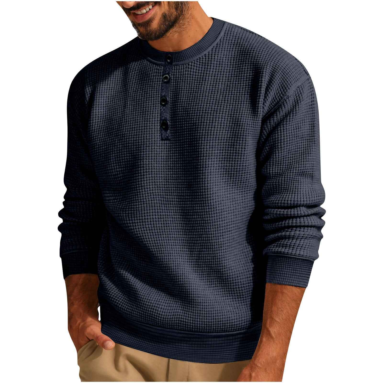 Solid Color Loose Casual Round Neck Long Sleeve Waffle Henley Shirt