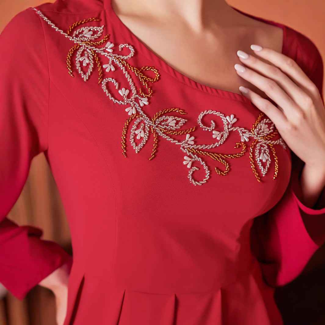 Red Designer Model Heavy Industry Hand Sewing Drill Off-the-shoulder Dress