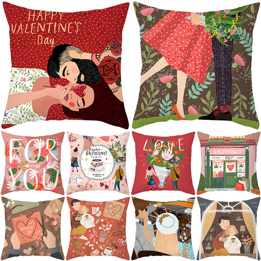 Valentine's Day Peach Skin Printed Cushion Cover - Romantic Living Room Bedroom Decoration