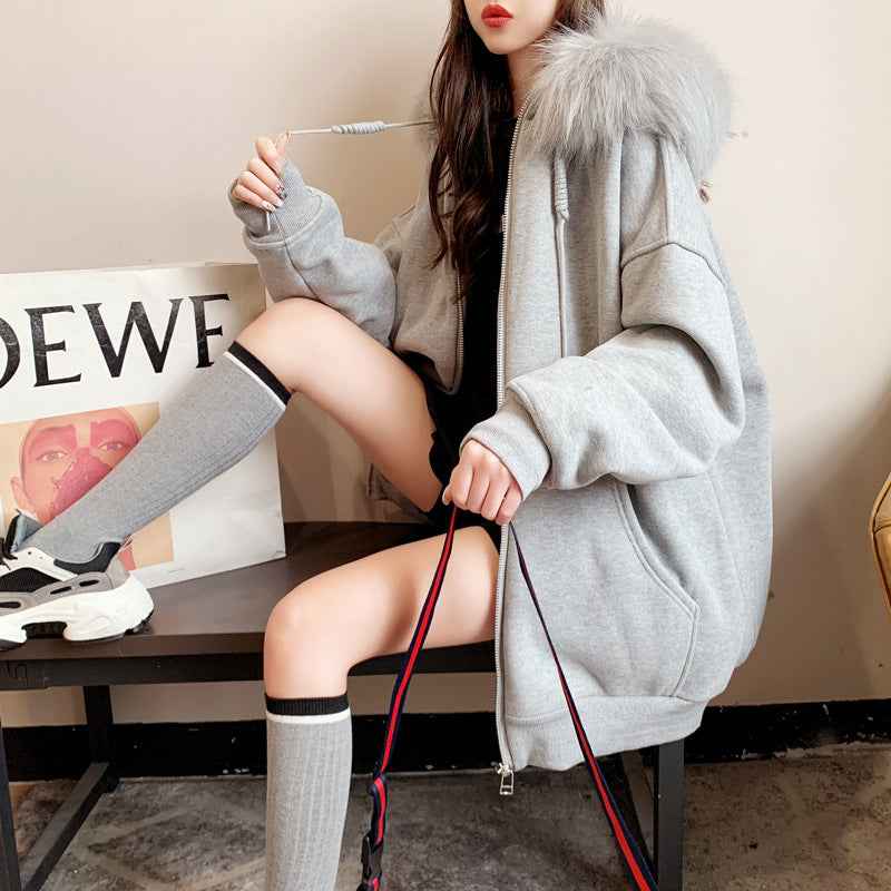 Plus Size Fleece-lined Thicker Hooded Cardigan Sweater Loose Design