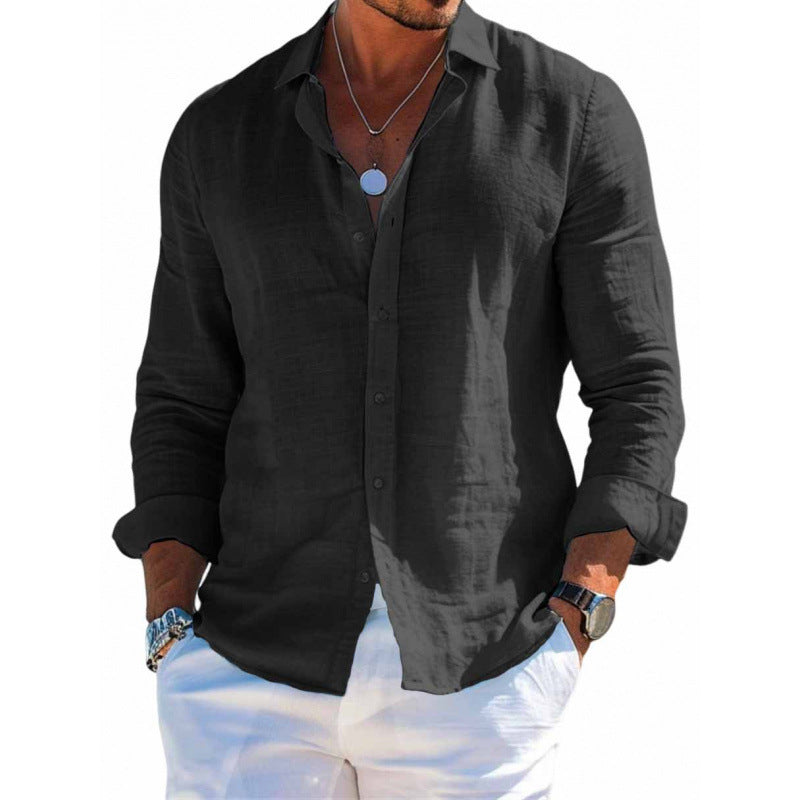 Men's Long Sleeve Casual Loose Lapel Button Shirt - Solid Color Plus Size Top