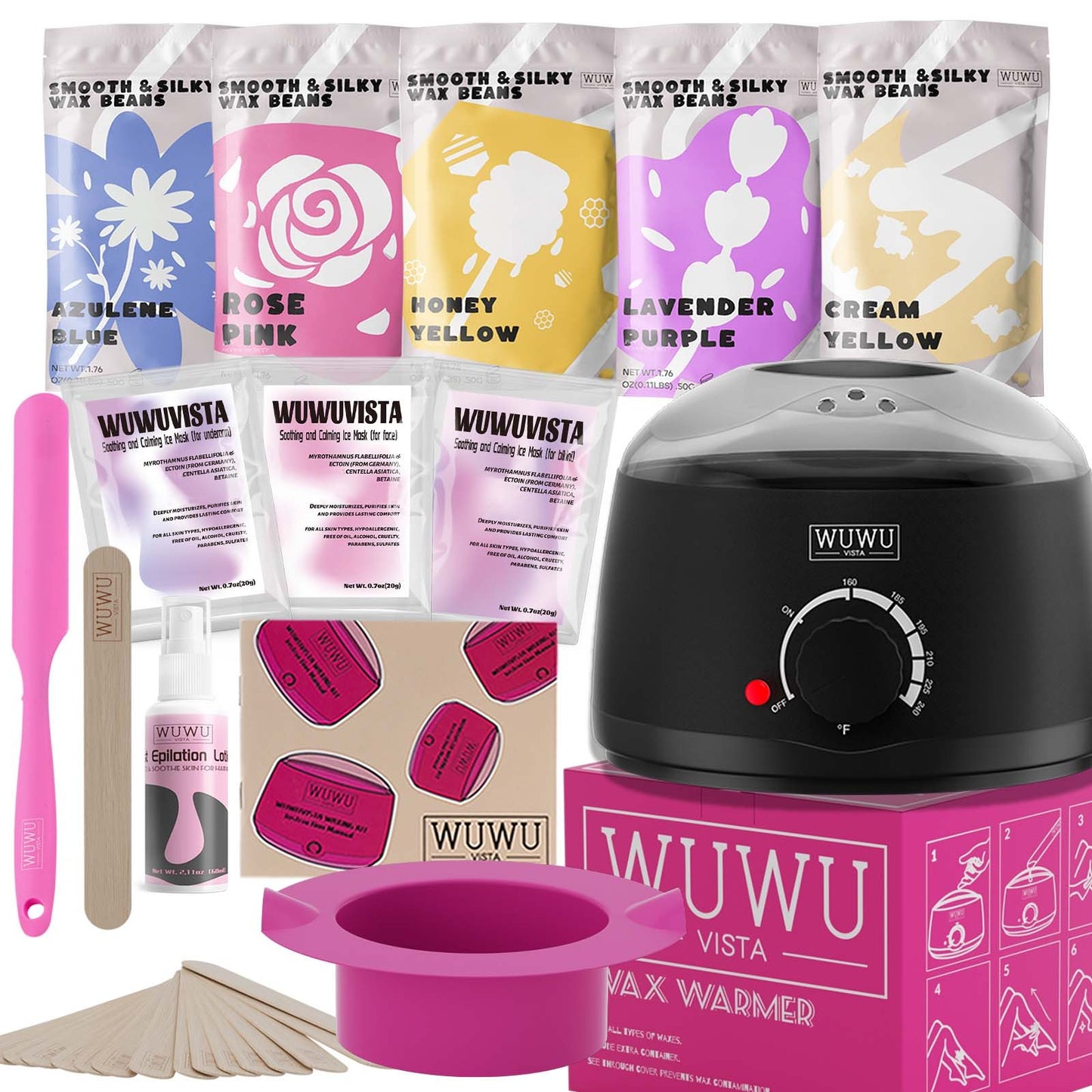 Waxing Kit WUWUVISTA 23 Items Hair Removal Wax Kit With Wax Warmer Waxing Beads For Face, Brazilian, Full Body, Bikini, Sensitiive Skin  Skin Suitable For Plugs Of American, European Specification