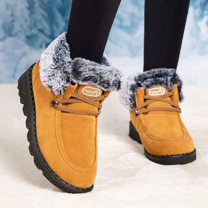 Women's Flat Round-Toe Laced Faux Fur Thicker Short Boots