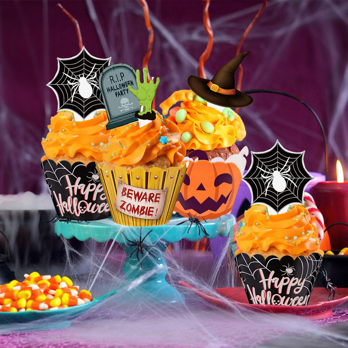 Halloween Cupcake Decoration Set - 48 Pcs with Picks & Wrappers