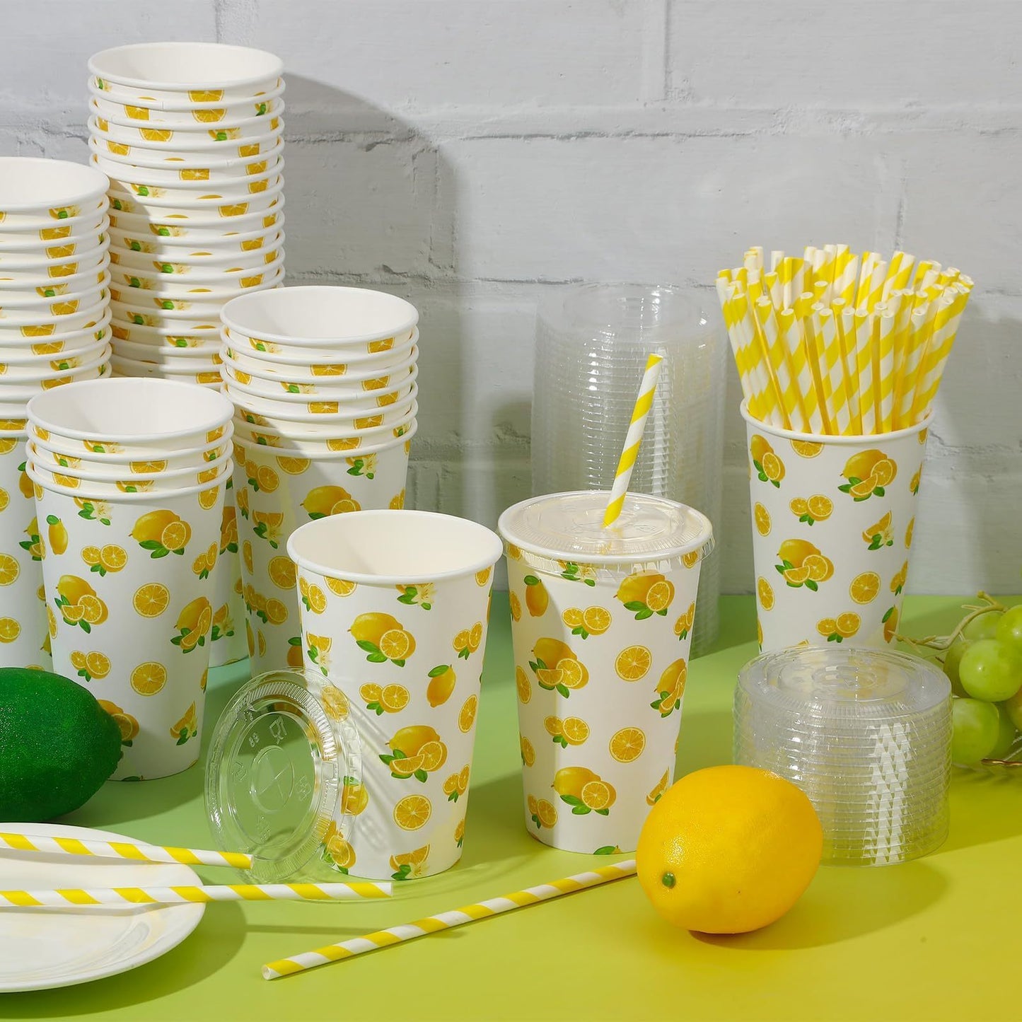 Lemonade Paper Cups Set - 180pcs with Lids & Straws 16oz