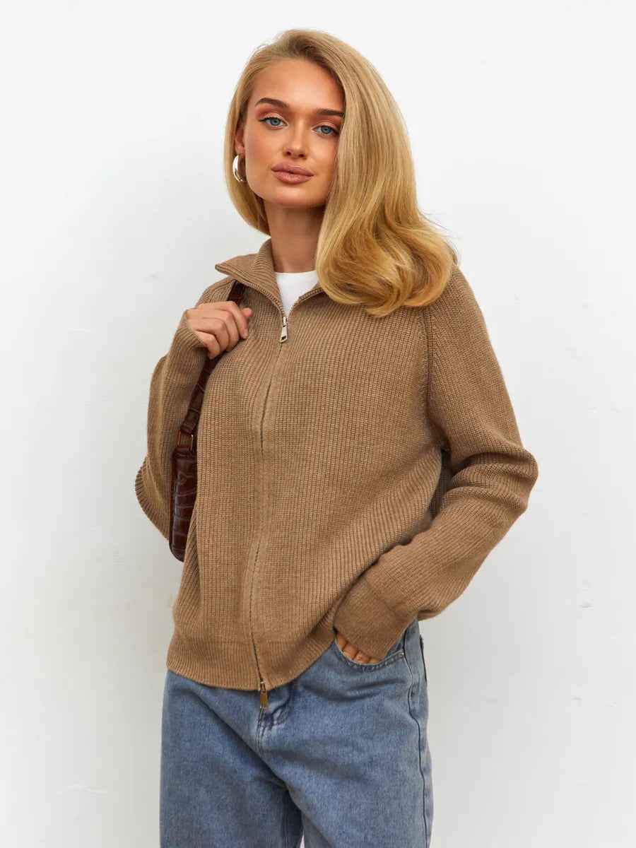 Women's Casual Knit Dual-zip Solid Color Sweater