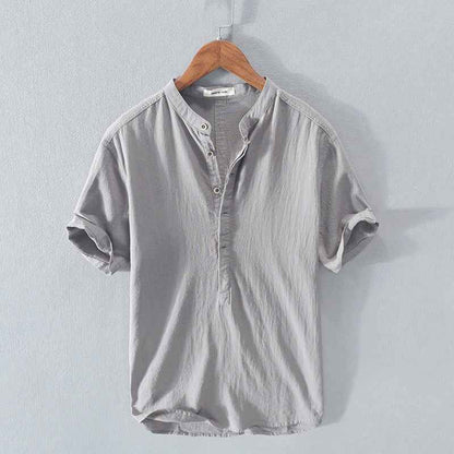 Men's Stand Collar Ice Silk Linen T-Shirt - Japanese Style Short Sleeve