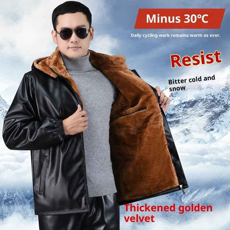 Winter Fleece-lined Plus Thick And Wide Leather Coat For Men