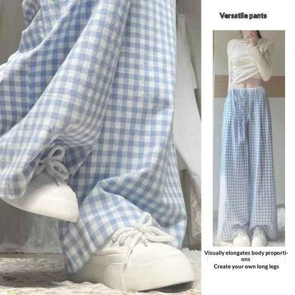 Color-block Dopamine Grid High-waisted Draped Wide-leg Pants Loose And Slimming Casual