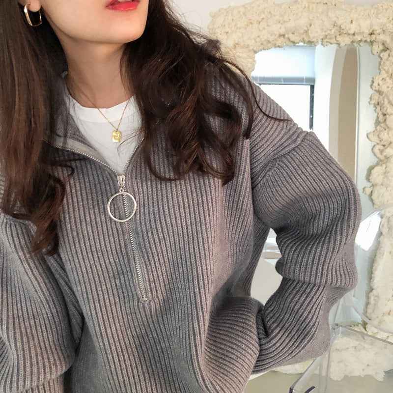 Loose French Style Large Lapel Zipper Sweater For Women