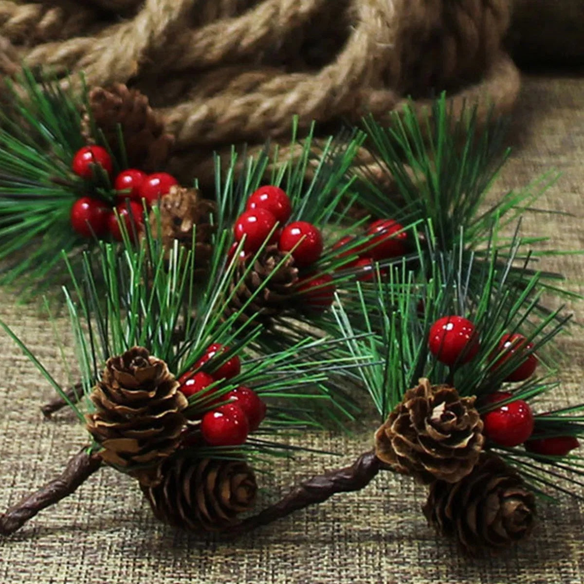 10 PCS Christmas Mini Artificial Pine Picks With Red Berries And Natural Pinecones Evergreen Pine Sprigs Holly Berries Faux Pine Needles For Festival Xmas Decorations Table Centerpiece
