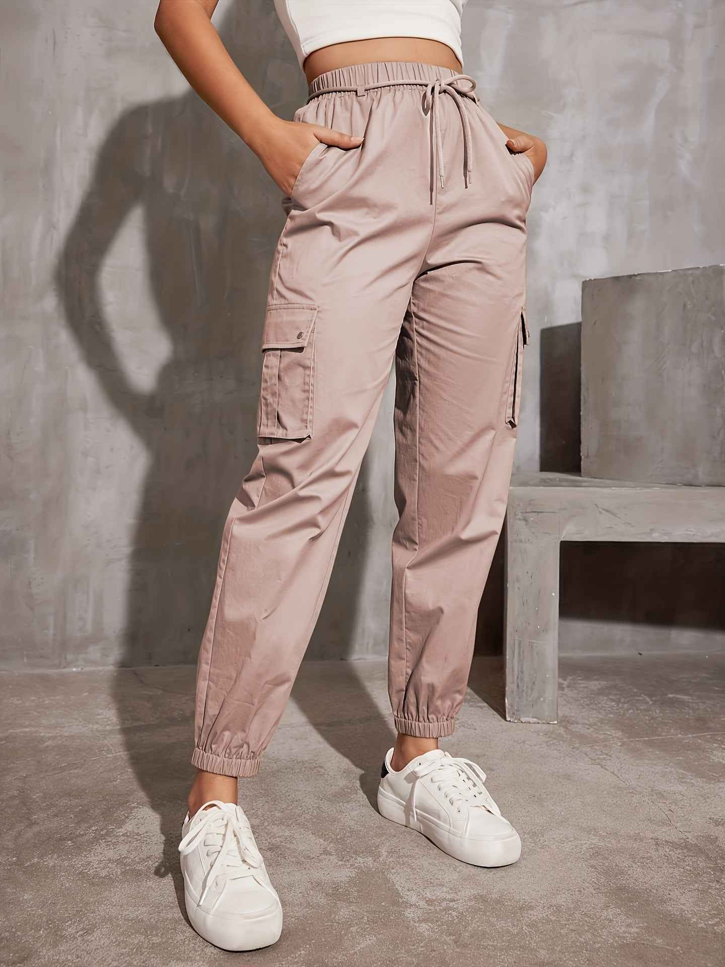 Polyester High Waist Wide Leg Ankle-tied Sports Pants