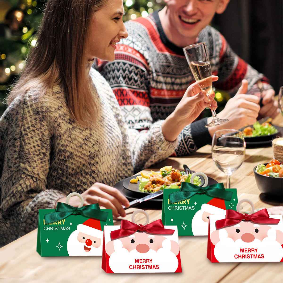 10 Pack Christmas Candy Boxes with Ribbon & Wooden Ring - Santa Pattern Treat Boxes - DropOnline.co