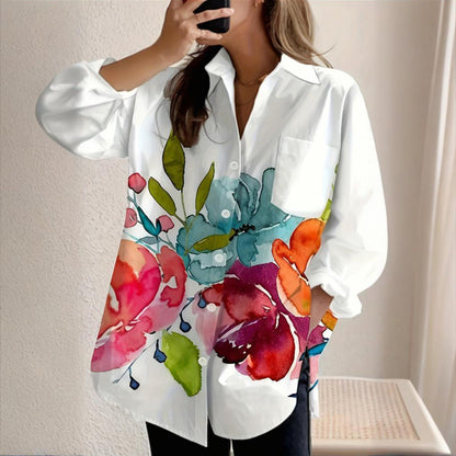 Women's Notch Lapel Long Sleeve Blouse With Colorful Floral Print - Chest Pocket Button-Up Shirt For Spring&Fall - DropOnline.co