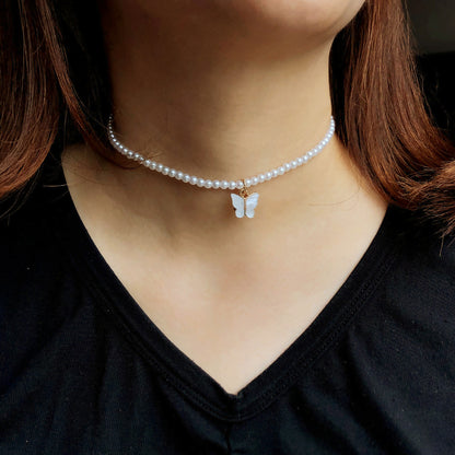 Elegant White Pearl Choker Necklace - Small Round Pearl Wedding Butterfly Necklace - DropOnline.co
