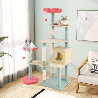 61 Inch Multi-Level Aesthetic Floral Kitten Tower With Flower-Shaped Padded Perch - DropOnline.co