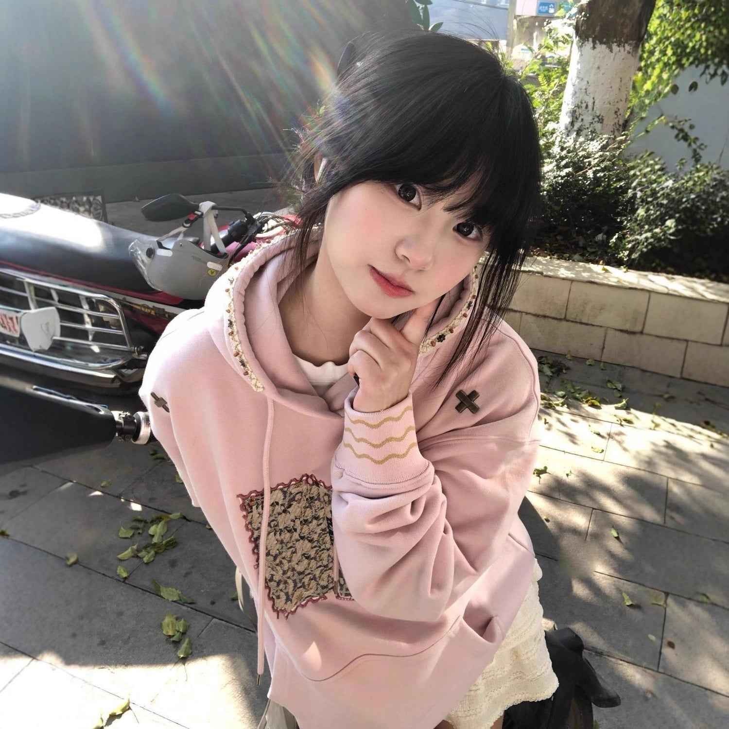 American Retro Patch Embroidery Hooded Sweatshirt Women