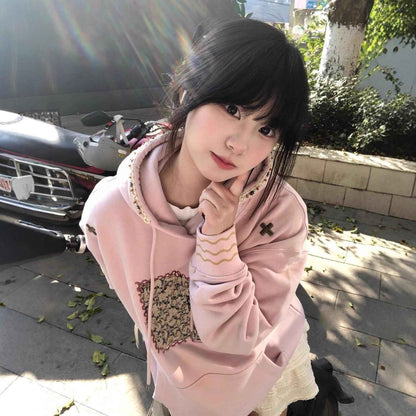 American Retro Patch Embroidery Hooded Sweatshirt Women