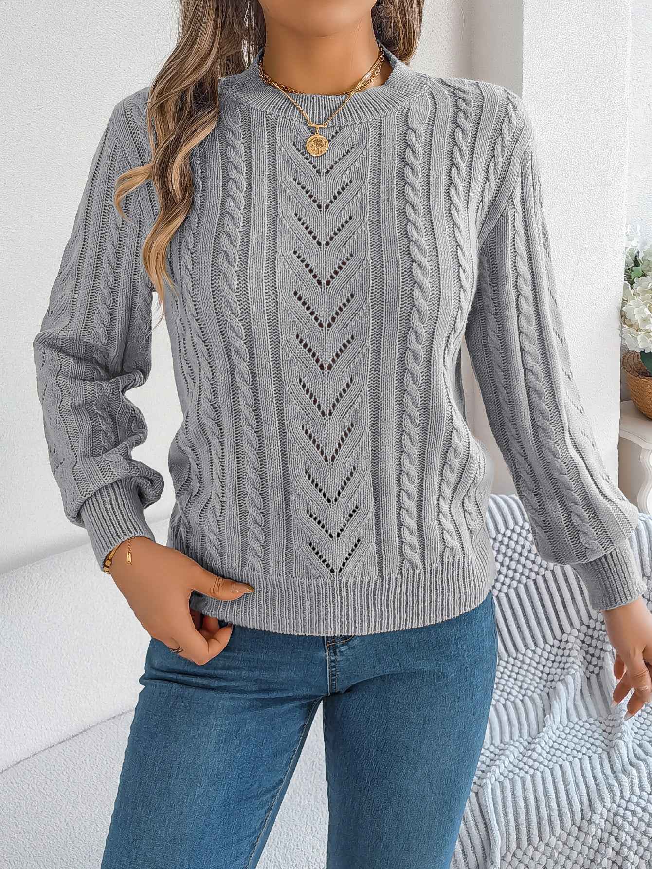 Women Casual Solid Color Hollow Out Lantern Sleeve Pullover Sweater