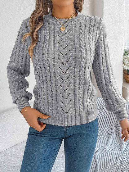 Women Casual Solid Color Hollow Out Lantern Sleeve Pullover Sweater