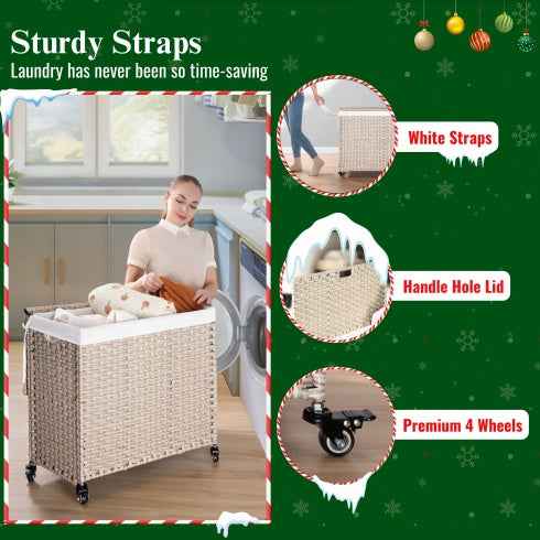Laundry Hamper with Lid - PE Rattan 160L with Removable Bags & Wheels, Gray - DropOnline.co